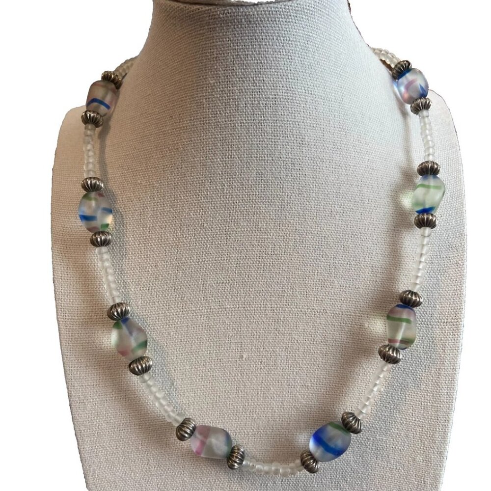 Single Strand 18" Beaded Necklace~Translucent w/Color Streaks, Silver, Wht Beads